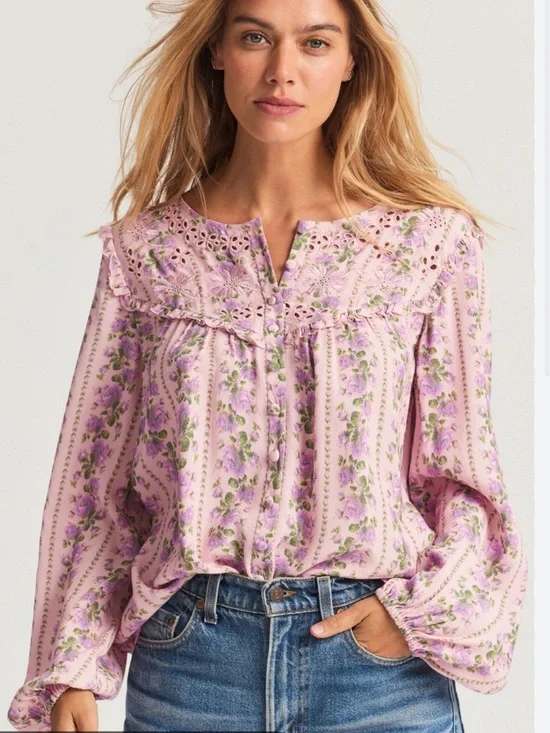 LoveShackFancy Sanderson Pink Floral Blouse - Picture 1 of 12